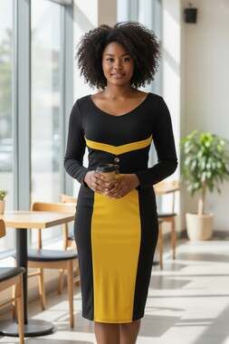 Fashion Mia Black and Yellow Colorblock Bodycon Midi Dress with Gold Buttons